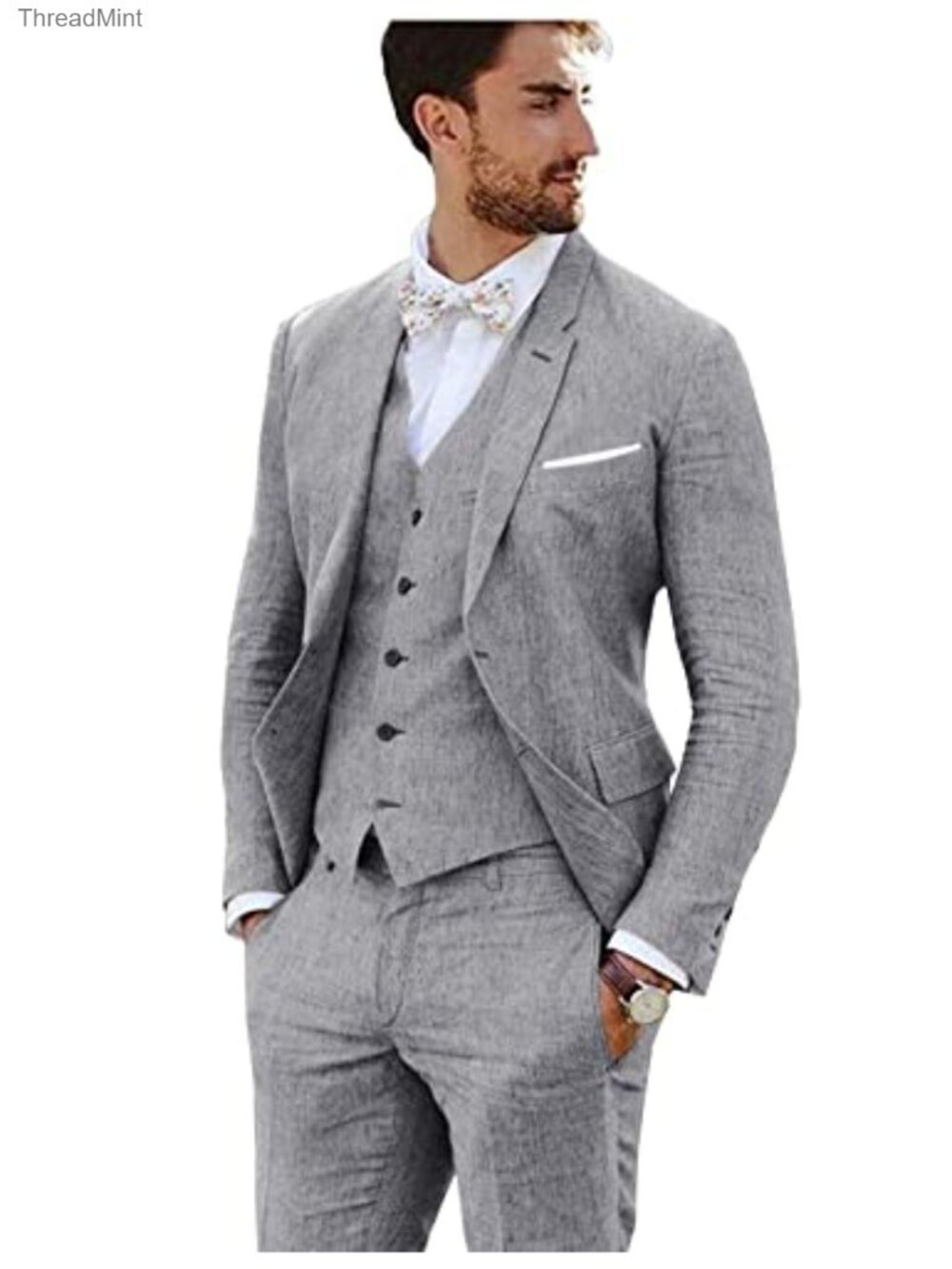 Men Linen Suit 3 Piece Set Slim Fit Vintage Retro Wedding Tuxedo